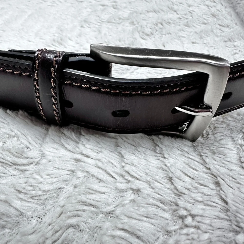 Dockers Mens Dark Brown Leather, Brushed Silver Colored Buckle, Belt, 42